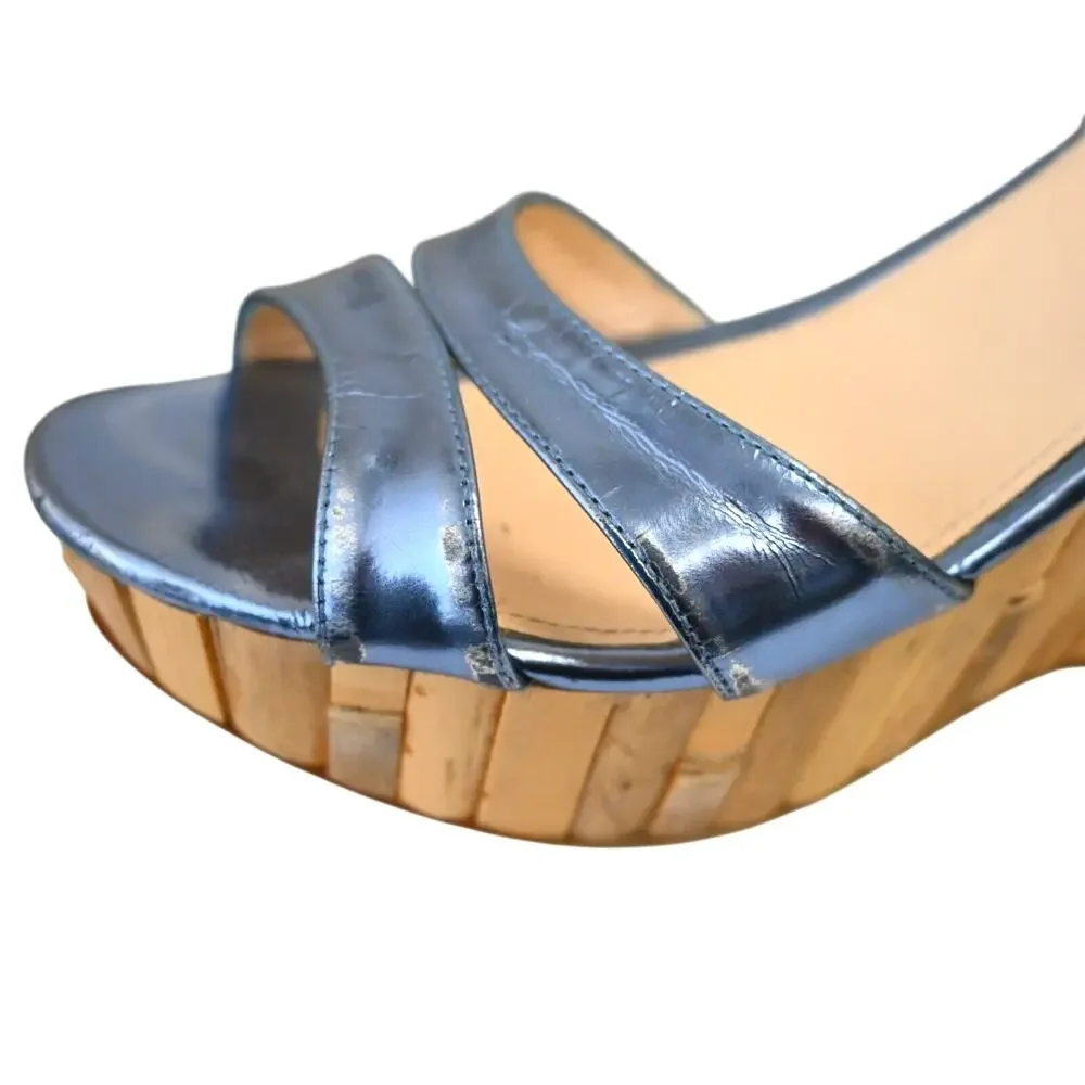 Prada Blue Metallic Leather Bamboo Wedge Platform Sandals Size 39